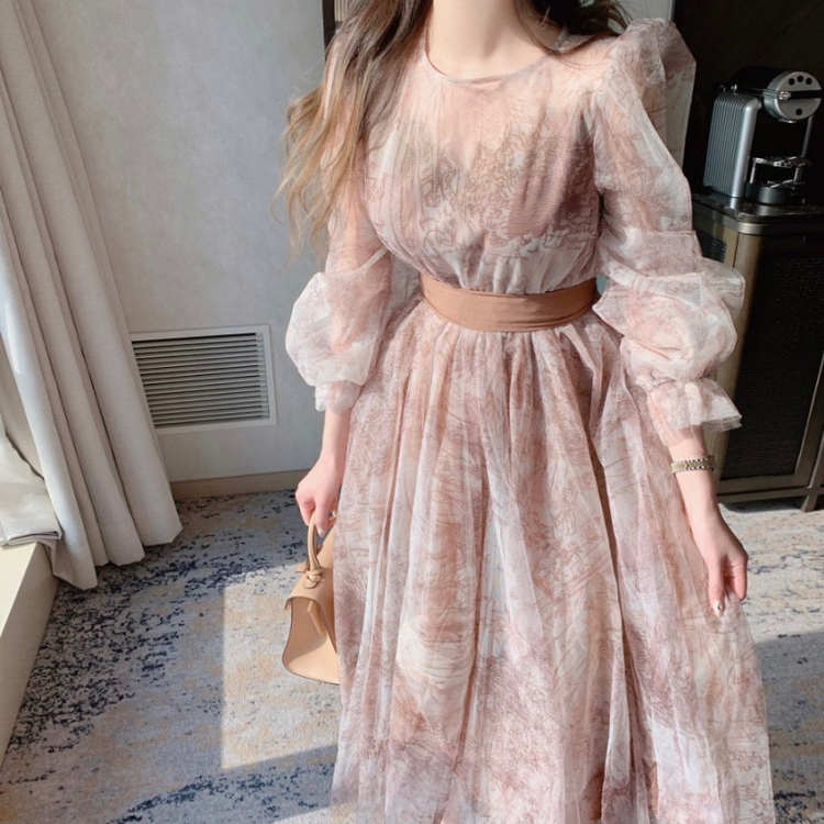 氣質透視水墨復古泡泡袖收腰連衣裙