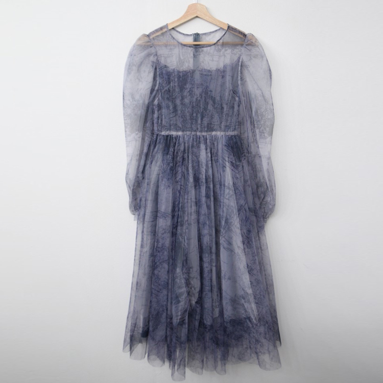 氣質透視水墨復古泡泡袖收腰連衣裙