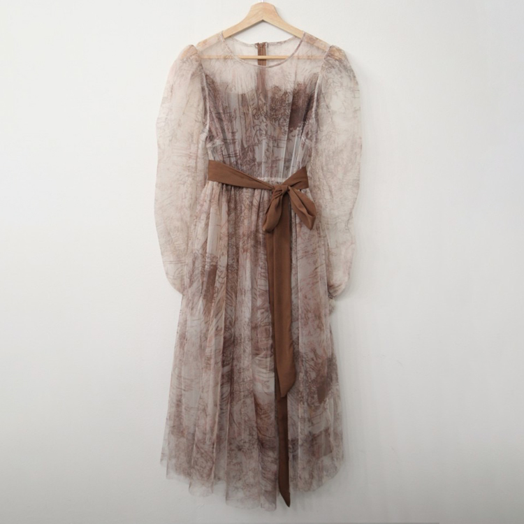 氣質透視水墨復古泡泡袖收腰連衣裙