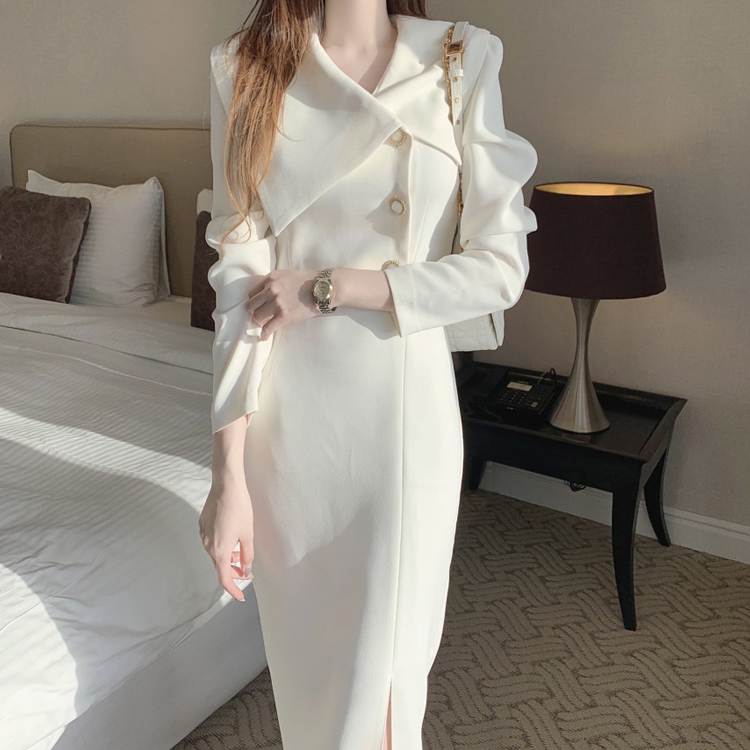 CHIC風翻領側邊繫扣包臀通勤連衣裙