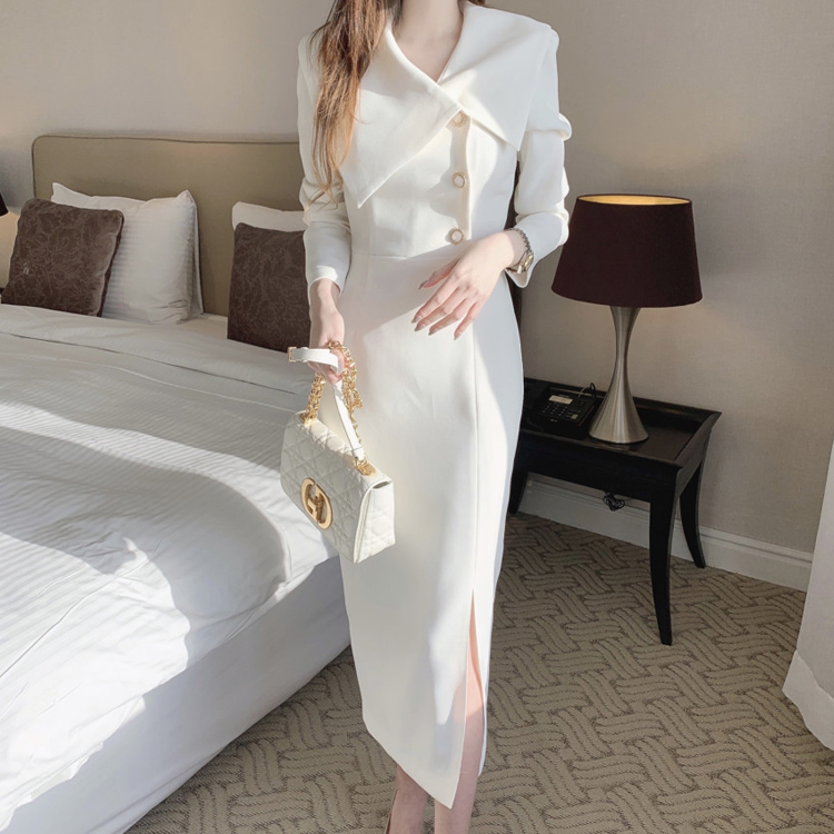 CHIC風翻領側邊繫扣包臀通勤連衣裙