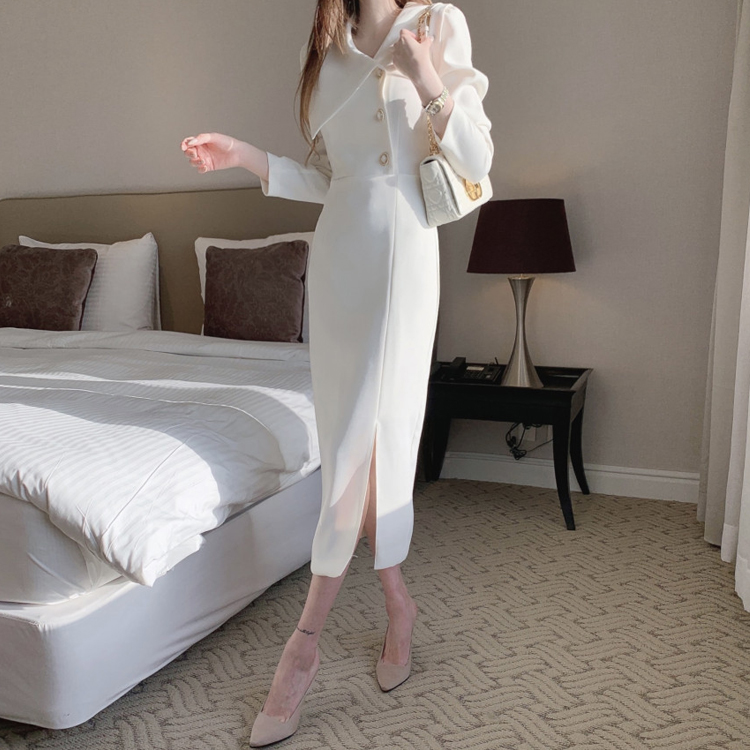 CHIC風翻領側邊繫扣包臀通勤連衣裙