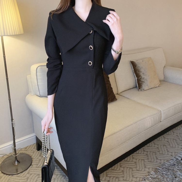 CHIC風翻領側邊繫扣包臀通勤連衣裙