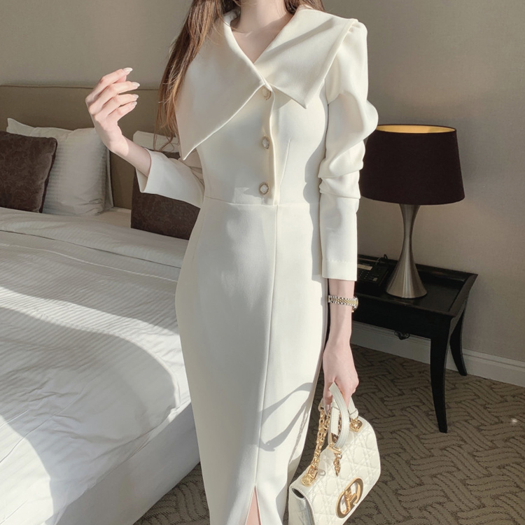 CHIC風翻領側邊繫扣包臀通勤連衣裙