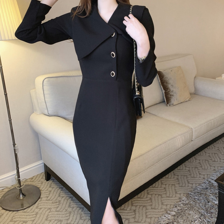 CHIC風翻領側邊繫扣包臀通勤連衣裙