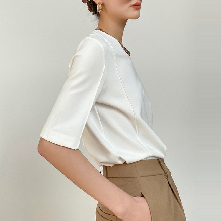 天絲羅馬壓線中袖通勤T恤