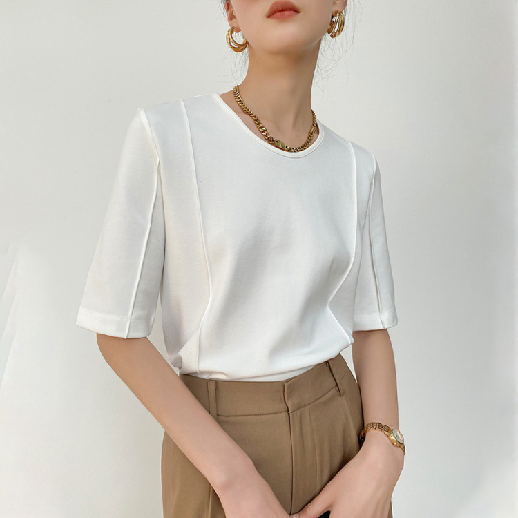 天絲羅馬壓線中袖通勤T恤