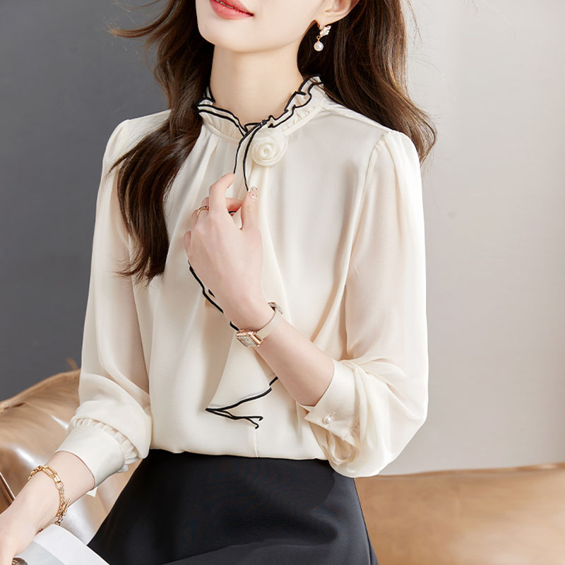 氣質立領拼色立體花朵裝飾套頭長袖雪紡衫