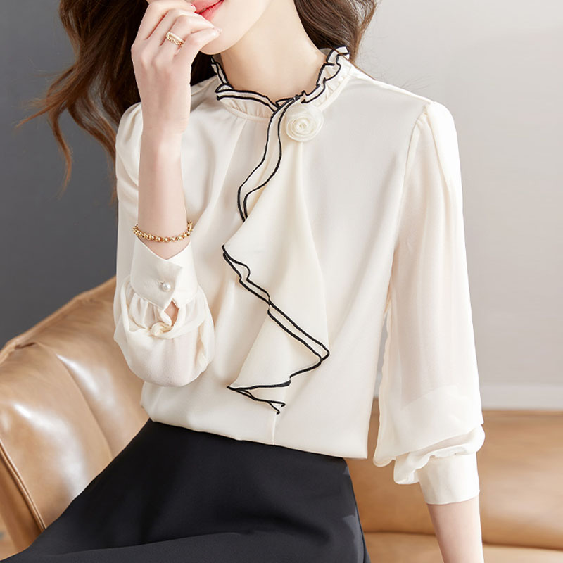 氣質立領拼色立體花朵裝飾套頭長袖雪紡衫