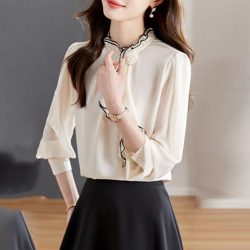 氣質立領拼色立體花朵裝飾套頭長袖雪紡衫