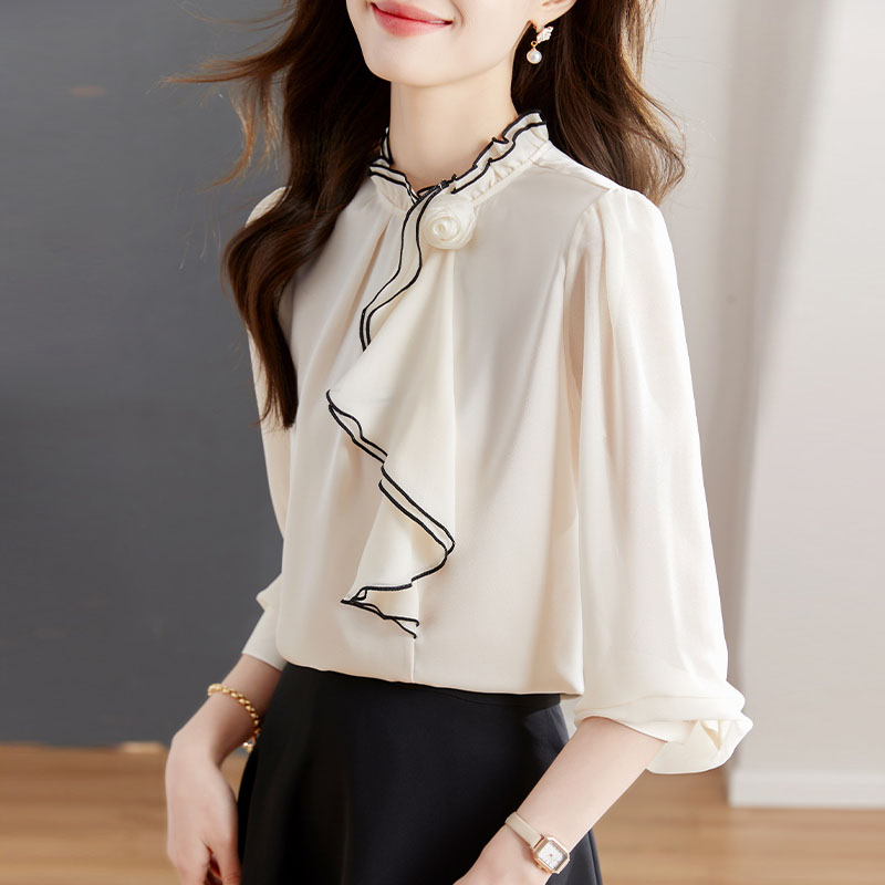 氣質立領拼色立體花朵裝飾套頭長袖雪紡衫