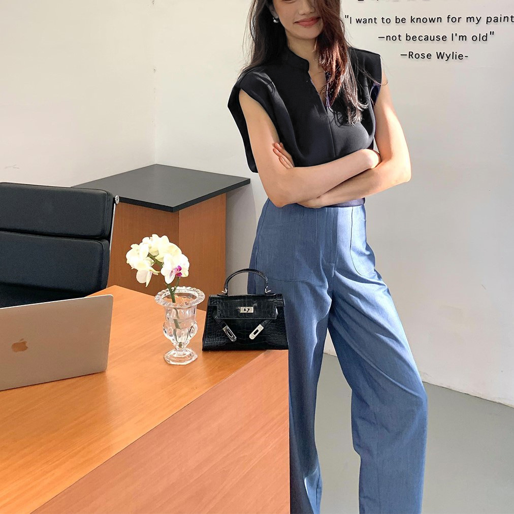 夏季V領無袖坎肩天絲羅馬背心