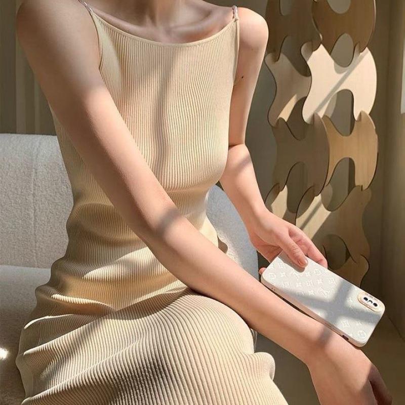 春夏珍珠顯瘦針織吊帶連衣裙