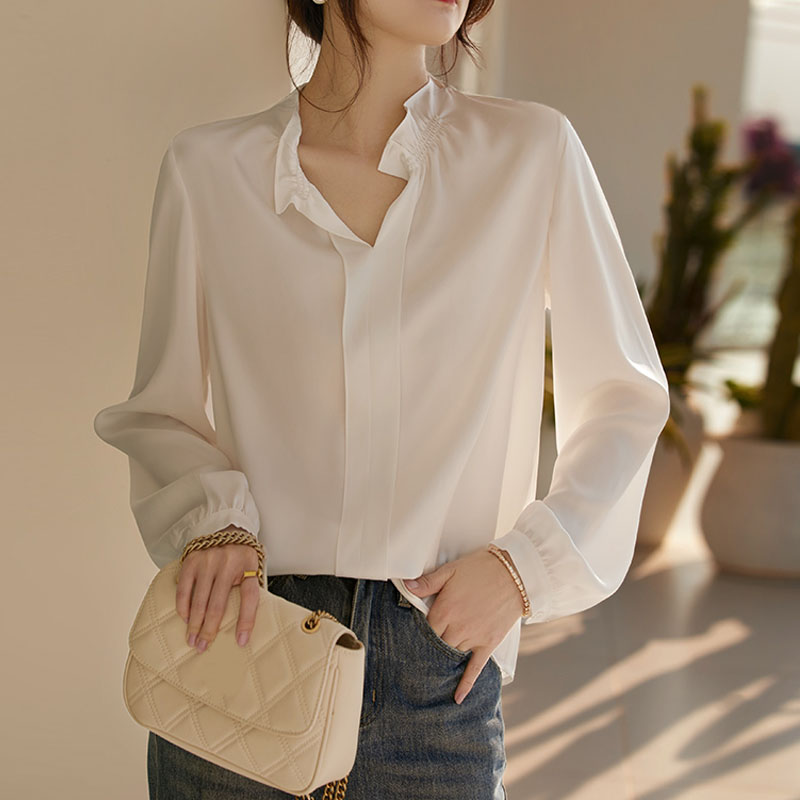 設計感純色木耳邊領緞面襯衫
