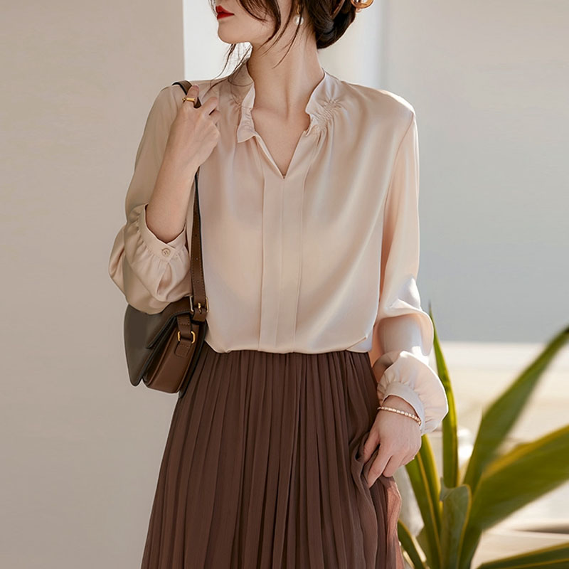 設計感純色木耳邊領緞面襯衫