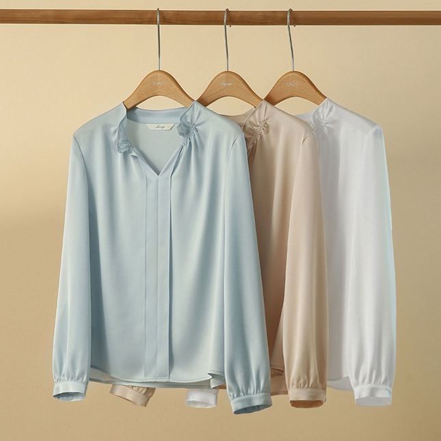 設計感純色木耳邊領緞面襯衫