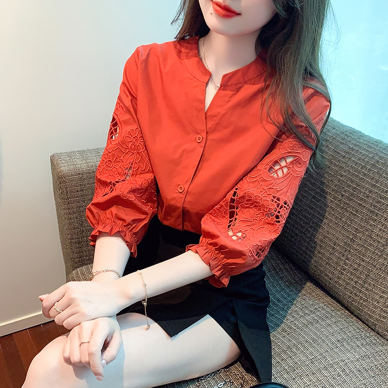 簡約刺繡立領七分袖棉布襯衫