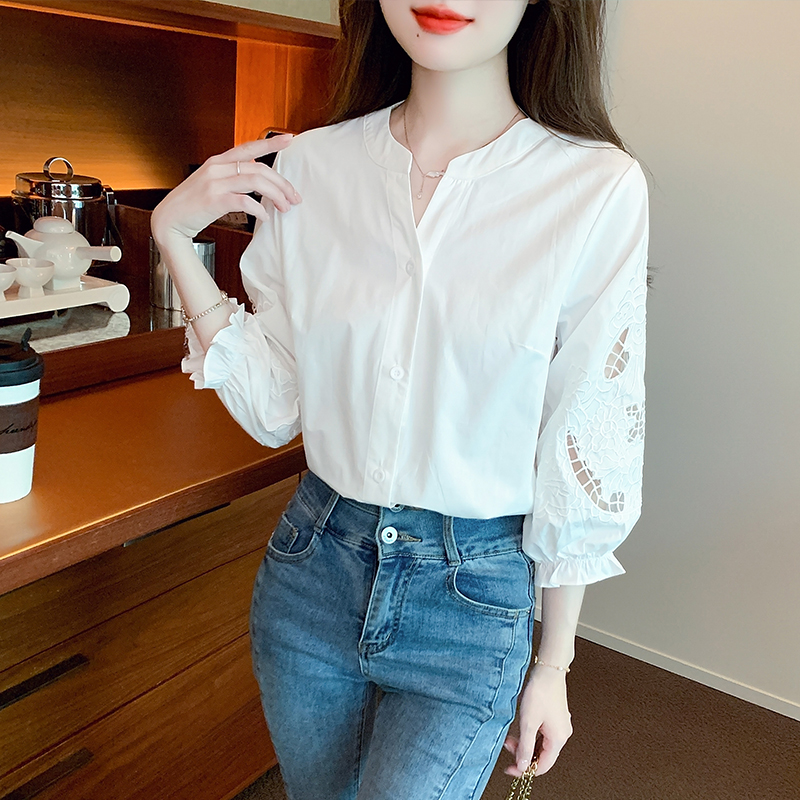 簡約刺繡立領七分袖棉布襯衫