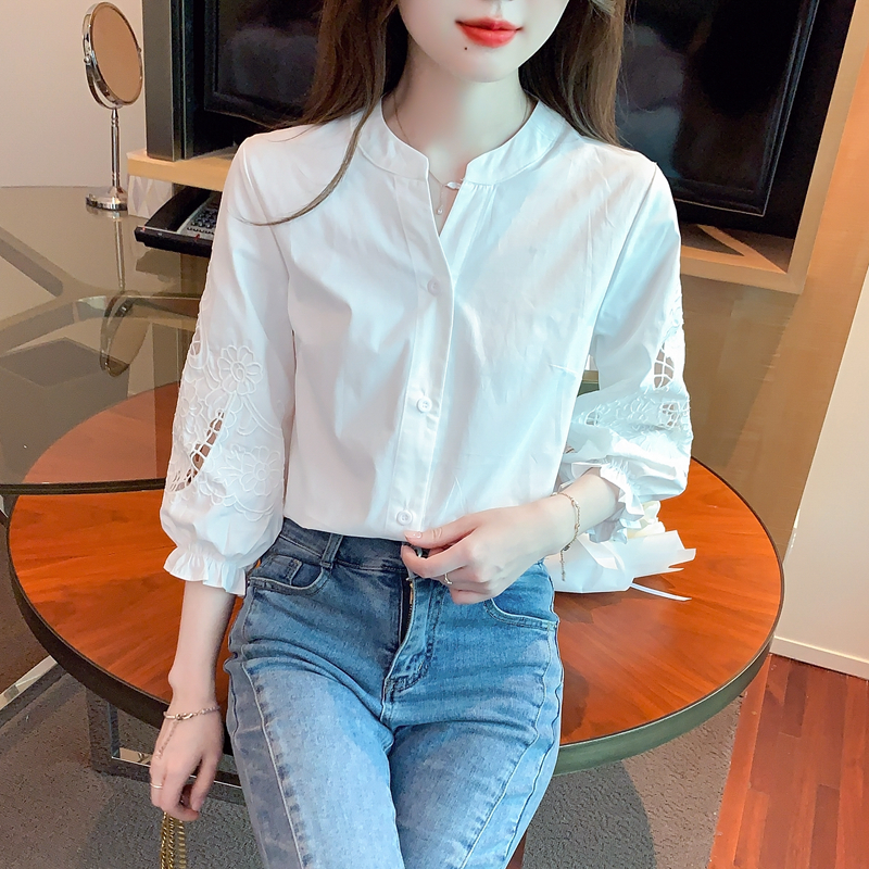 簡約刺繡立領七分袖棉布襯衫