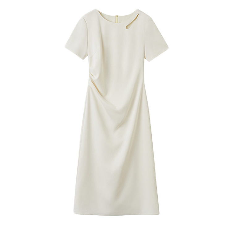 鏤空水滴領抽褶白色連衣裙