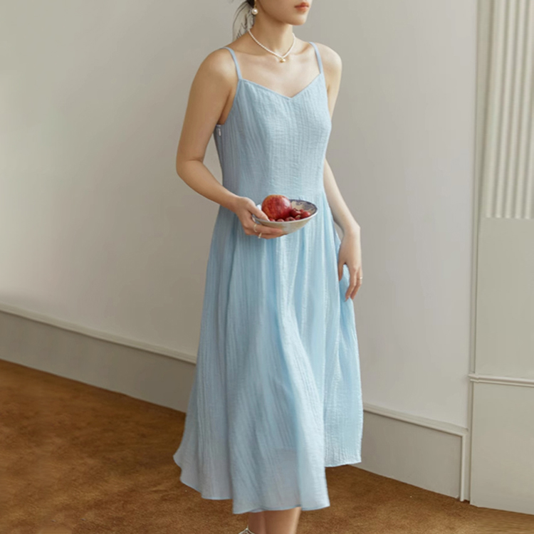 夏季法式浪漫V領吊帶連衣裙