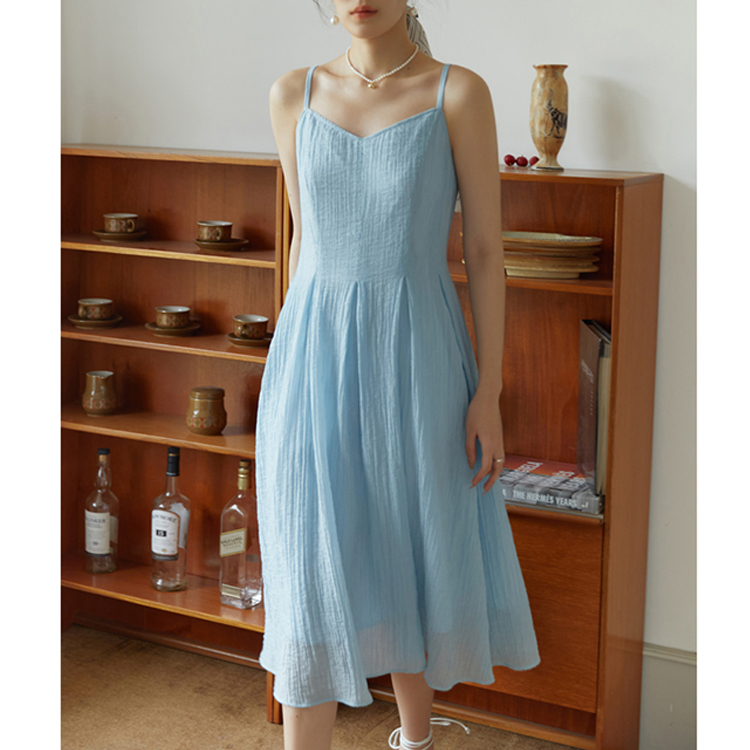 夏季法式浪漫V領吊帶連衣裙