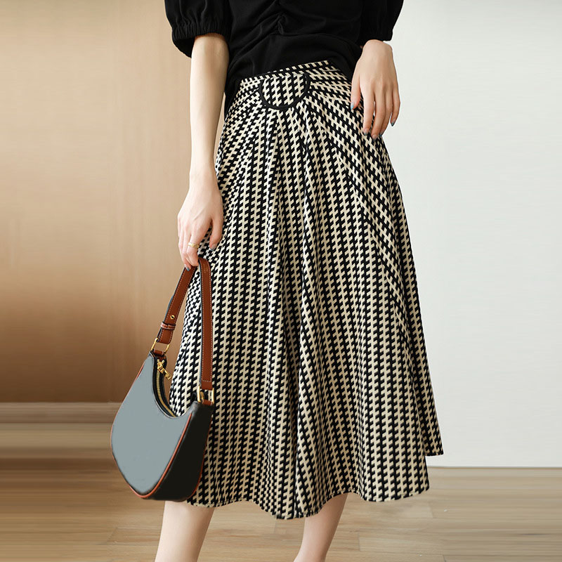 優雅復古撞色高腰A字大擺傘裙半身裙