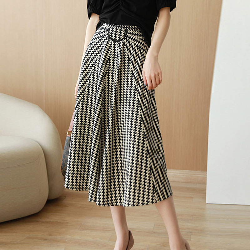 優雅復古撞色高腰A字大擺傘裙半身裙