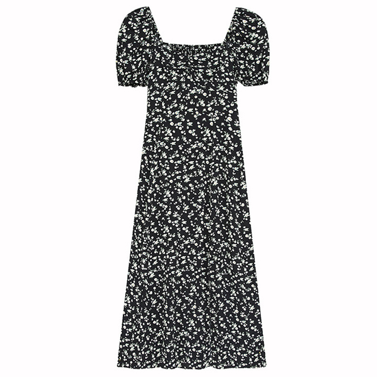 夏季方領碎花開叉長款連衣裙