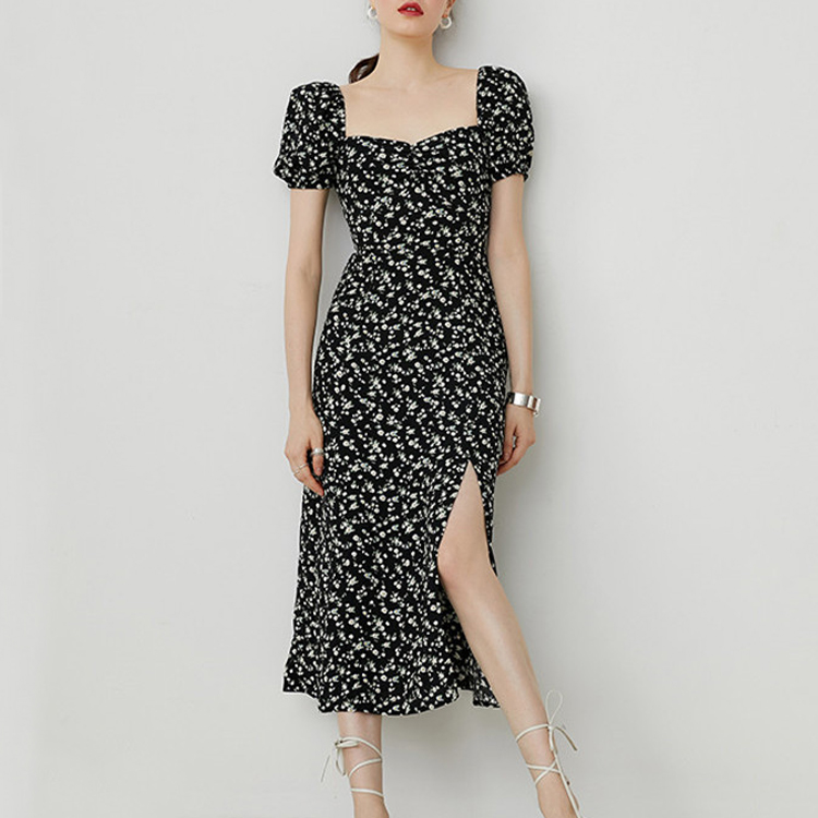 夏季方領碎花開叉長款連衣裙