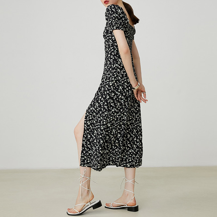 夏季方領碎花開叉長款連衣裙