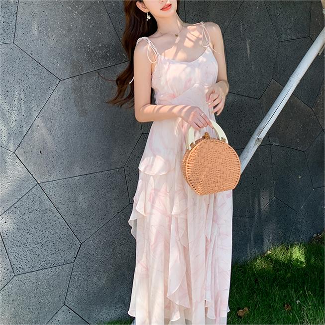 仙女不規則荷葉邊吊帶洋裝