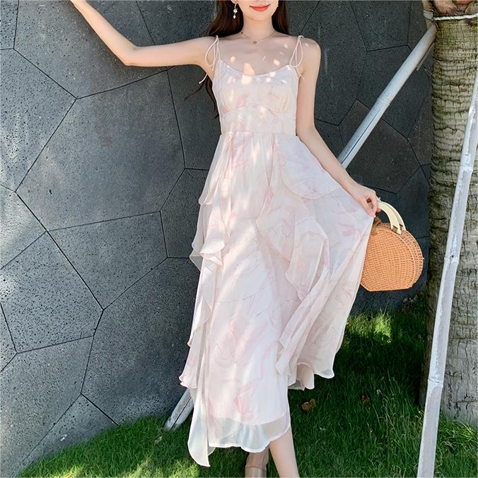 仙女不規則荷葉邊吊帶洋裝