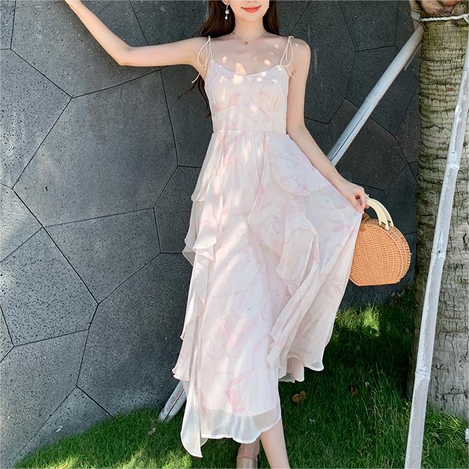 仙女不規則荷葉邊吊帶洋裝