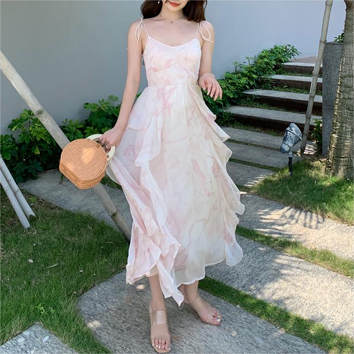 仙女不規則荷葉邊吊帶洋裝