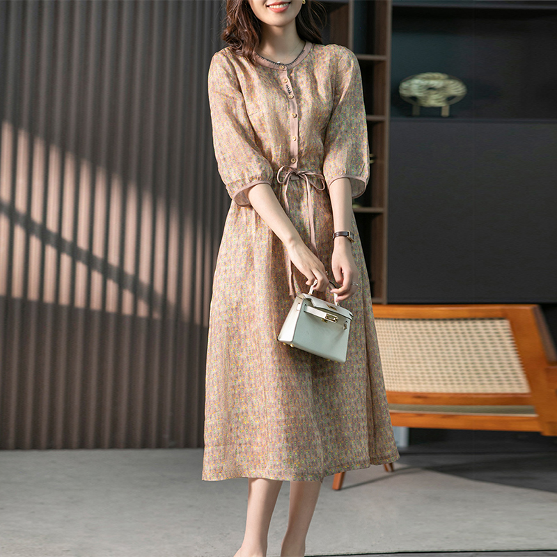 韓版碎花圓領收腰洋裝