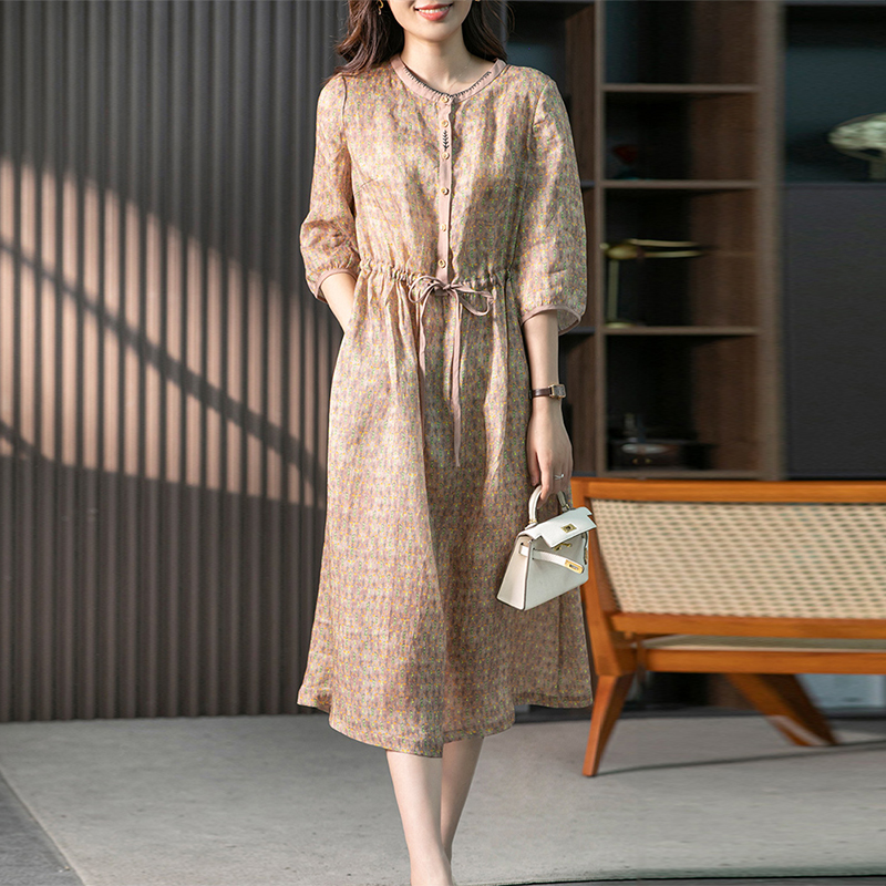 韓版碎花圓領收腰洋裝