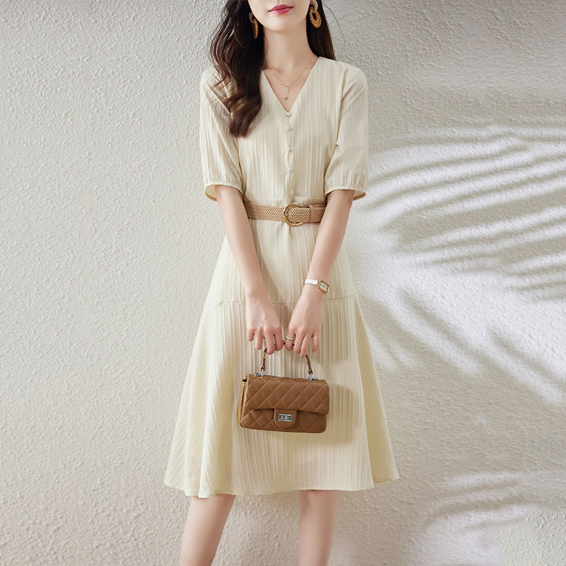 韓版純色收腰顯瘦連身裙