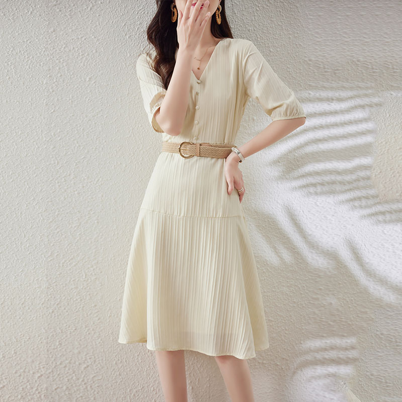 韓版純色收腰顯瘦連身裙