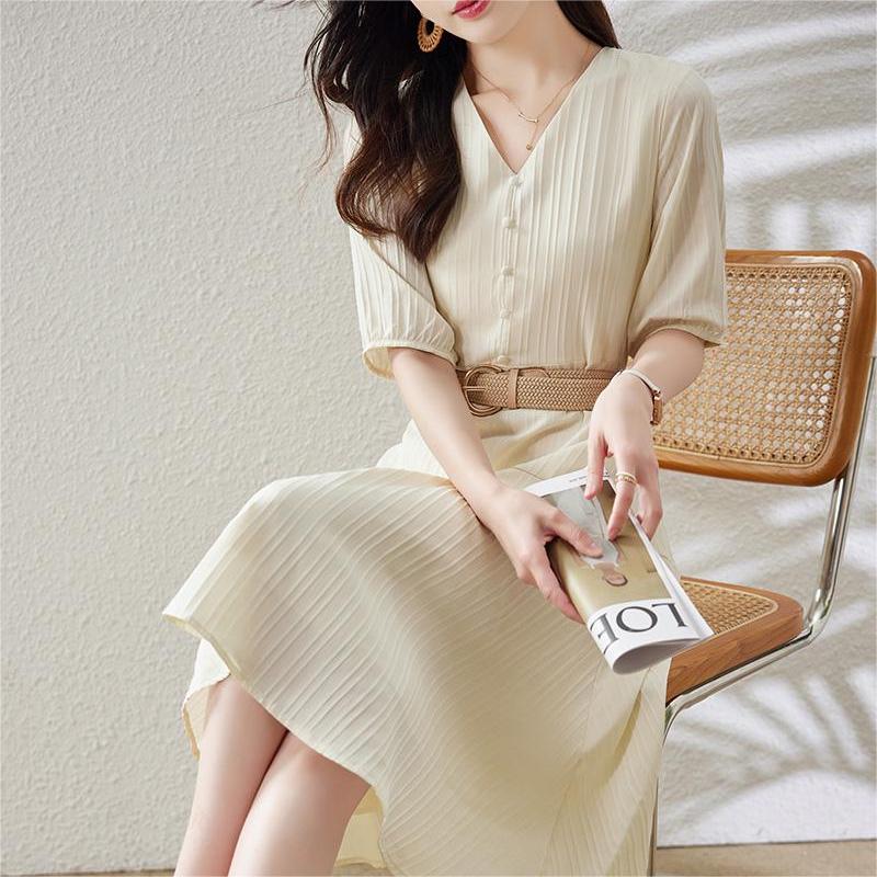 韓版純色收腰顯瘦連身裙