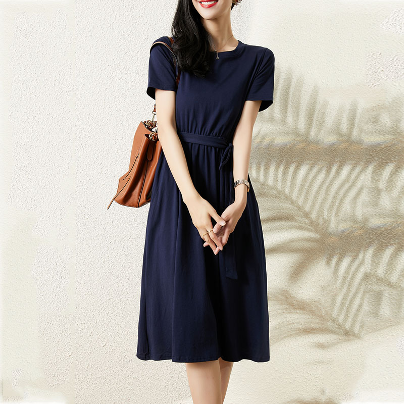 法式純色圓領收腰連身裙