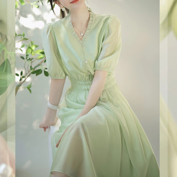 【青檸汽水】夏季天絲溫柔泡泡袖連衣裙