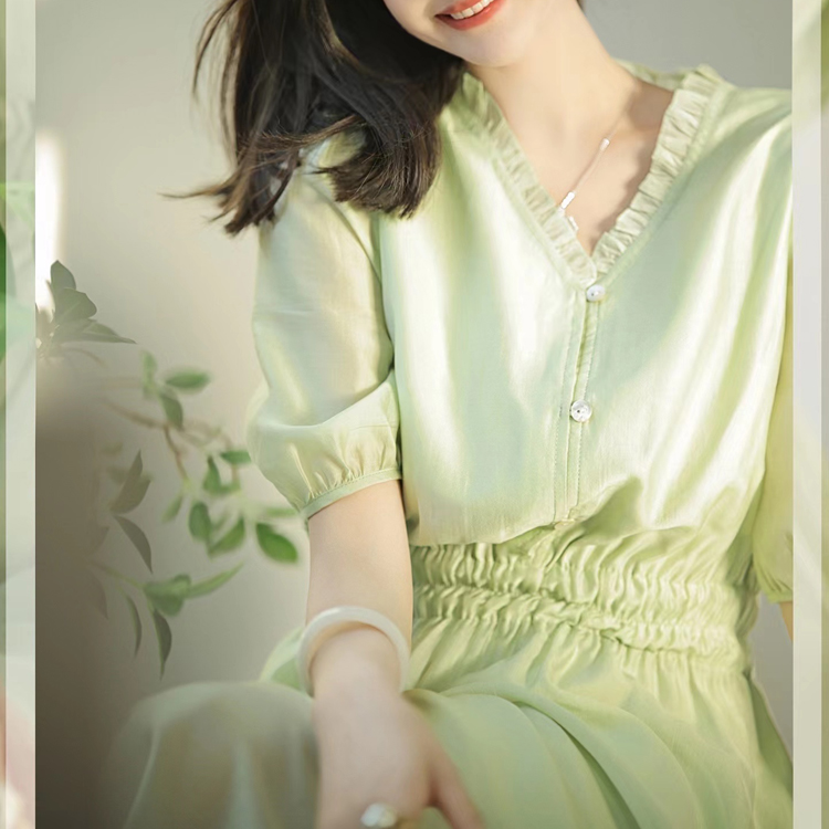 【青檸汽水】夏季天絲溫柔泡泡袖連衣裙