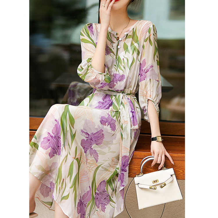 鳶尾花燈籠袖桑蠶絲連衣裙