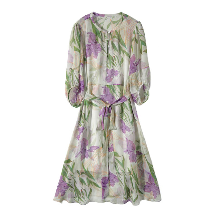 鳶尾花燈籠袖桑蠶絲連衣裙