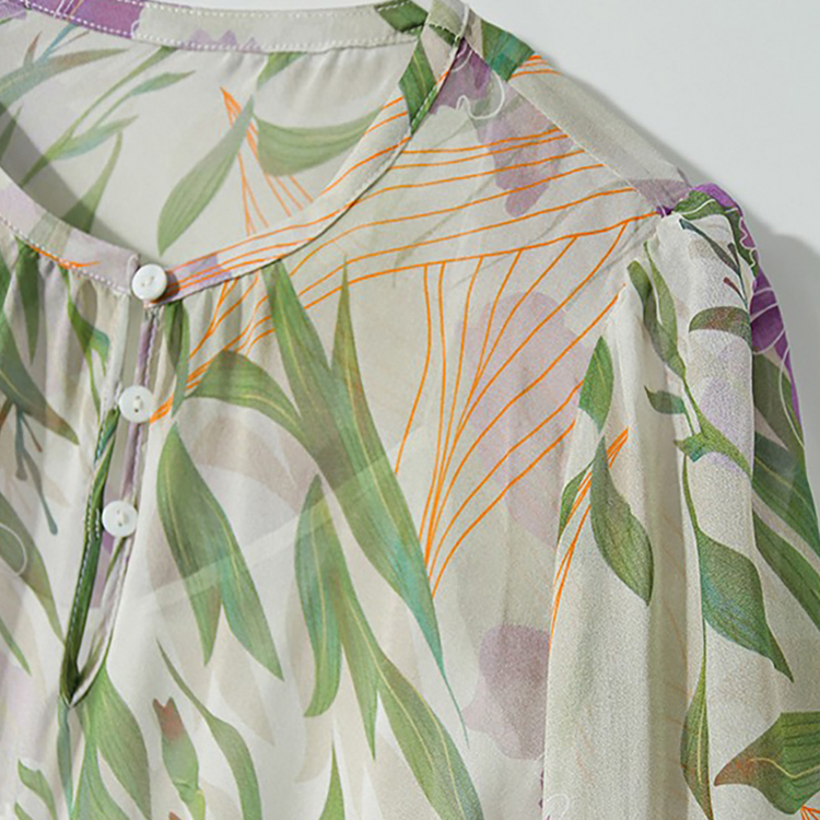 鳶尾花燈籠袖桑蠶絲連衣裙