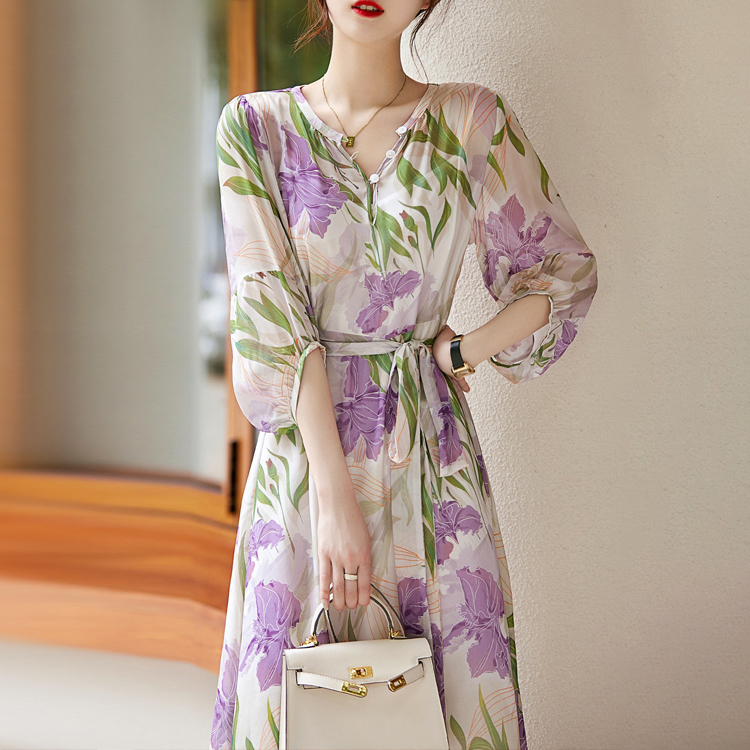 鳶尾花燈籠袖桑蠶絲連衣裙
