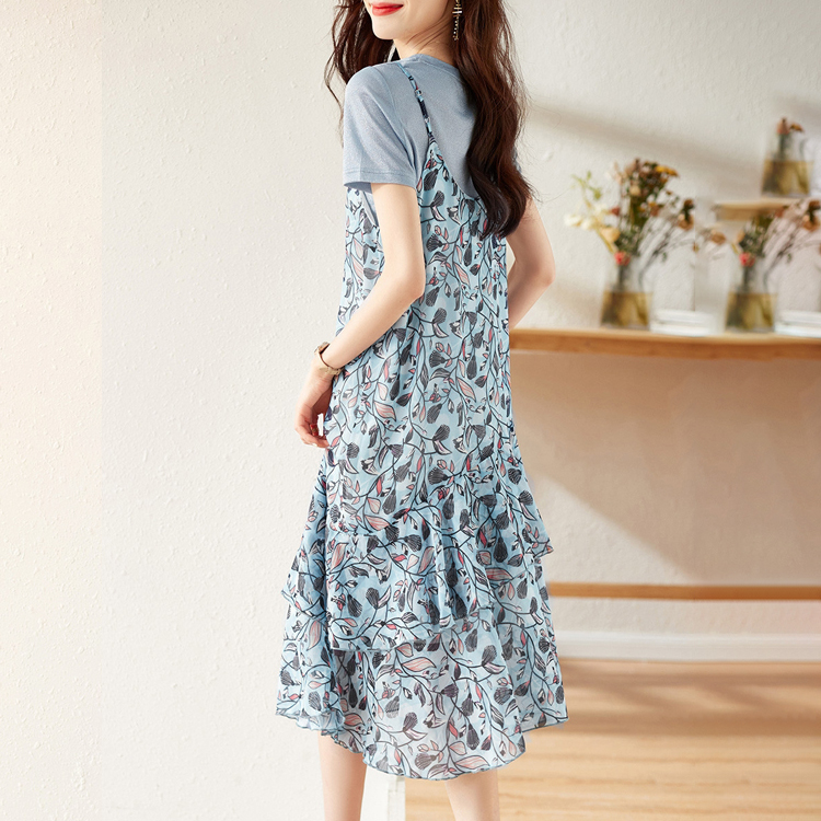 假兩件雪紡寬鬆碎花連衣裙