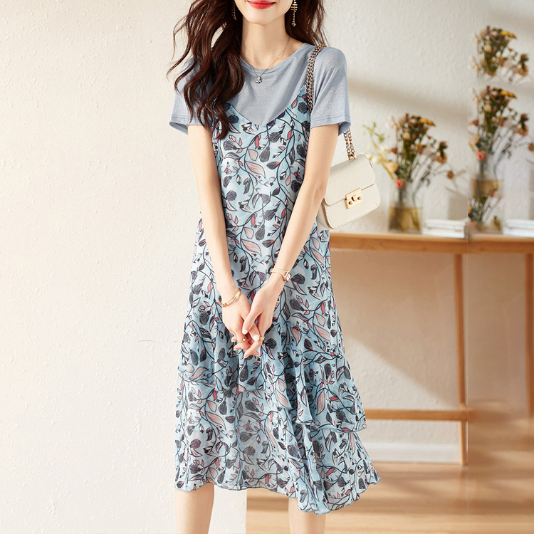 假兩件雪紡寬鬆碎花連衣裙