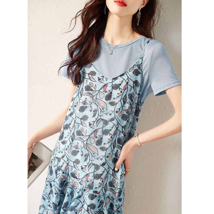 假兩件雪紡寬鬆碎花連衣裙